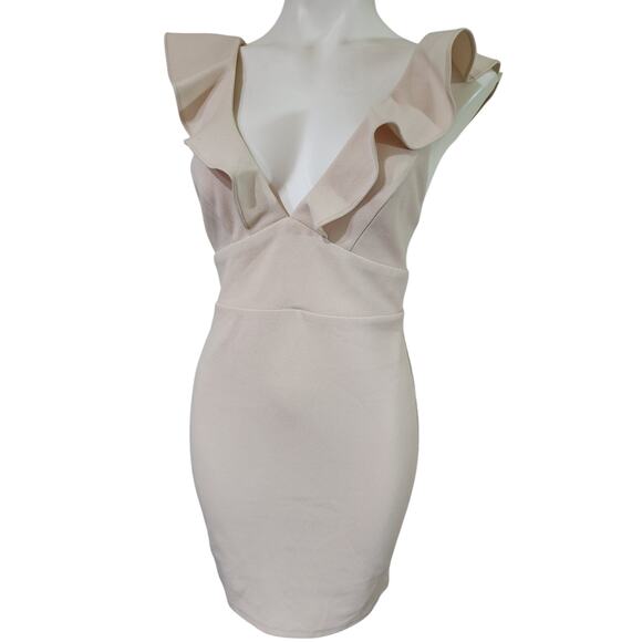 LuLus Vneck soft blush pink M ruffle sleeve form fitting cocktail dress - Picture 2 of 6